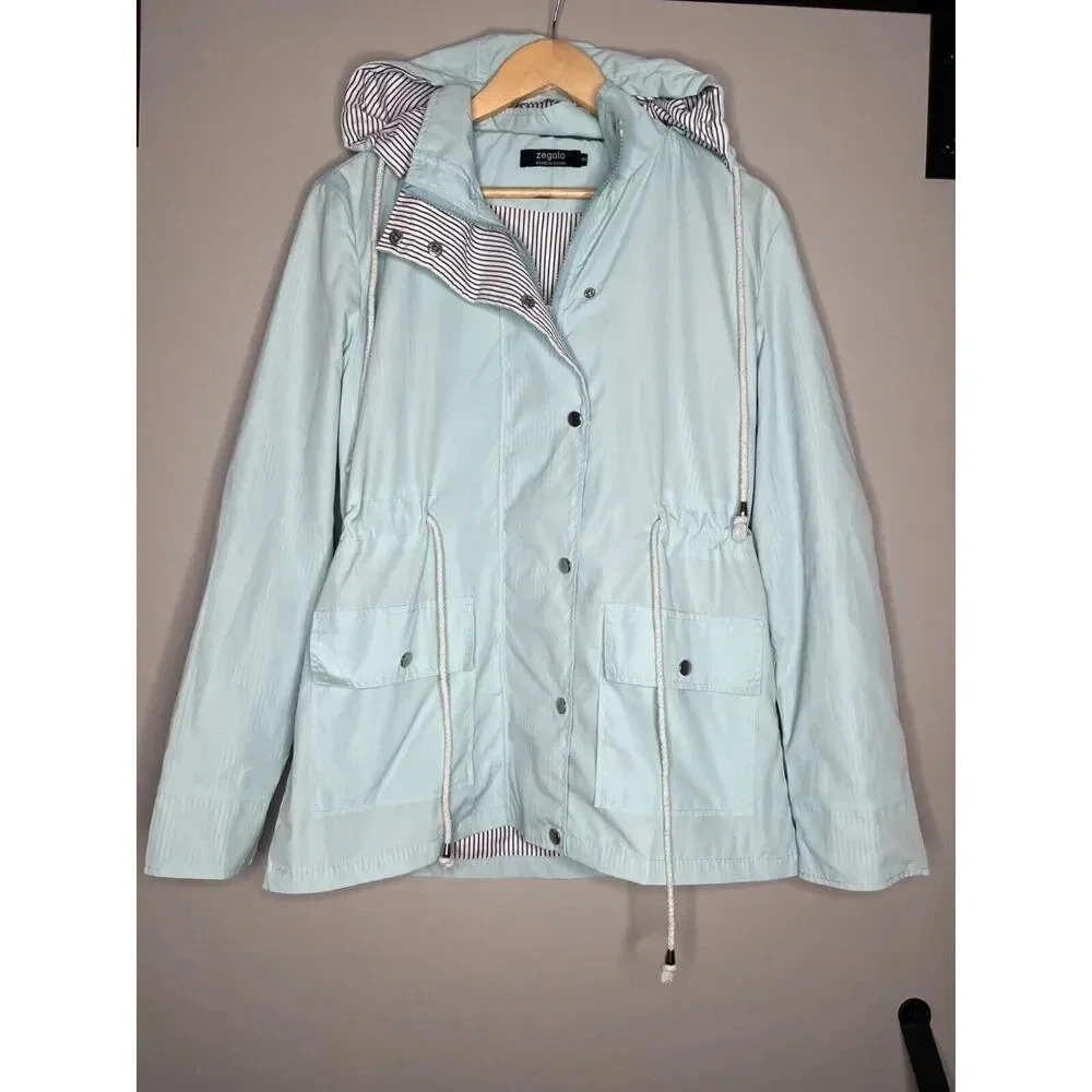 Zegolo baby blue & stripes hooded rain jacket coat outdoor women’s size Small